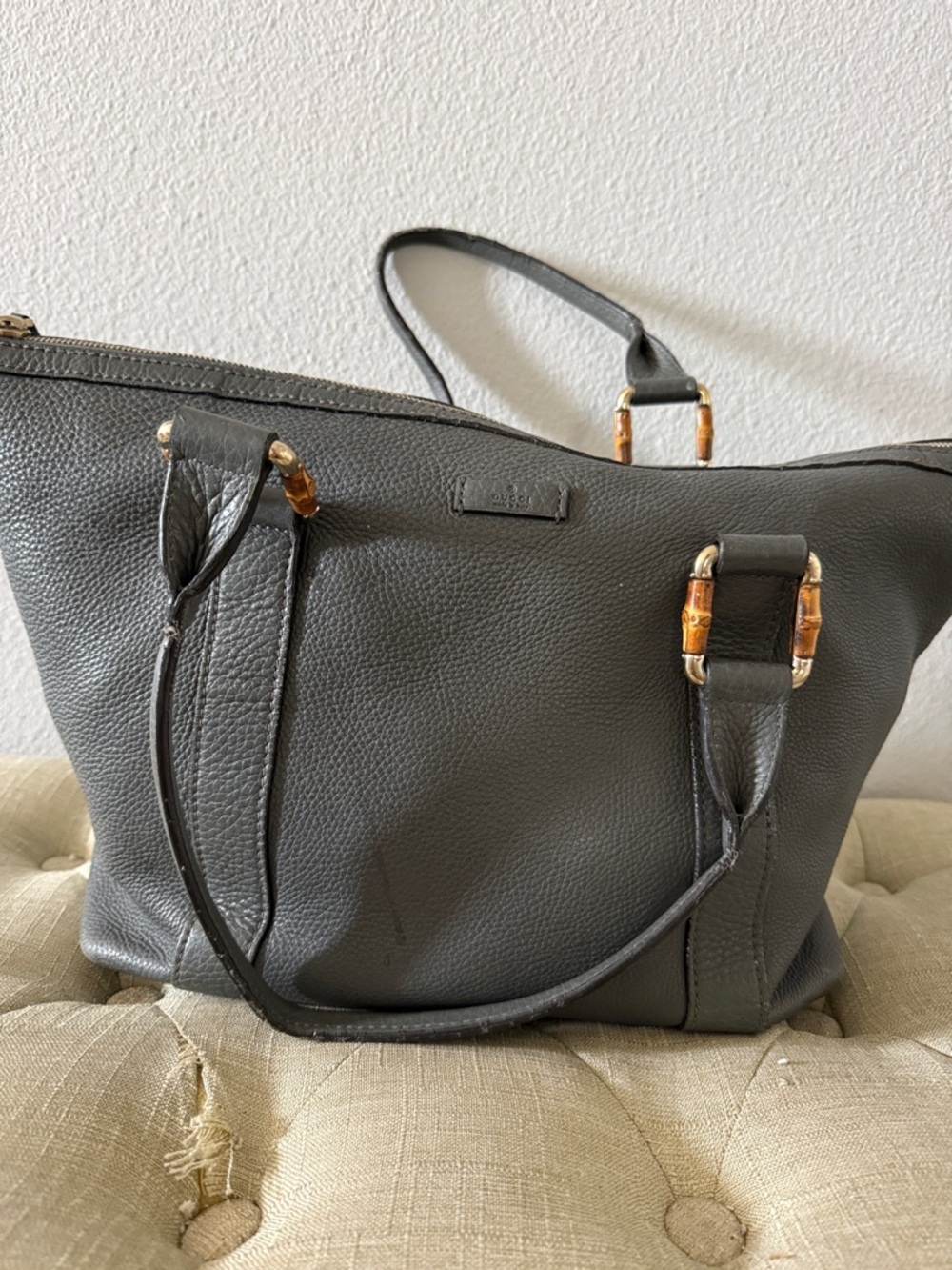 Authentic Gucci Classic Leather Tote Bag in Dark Gray with wooden and silver